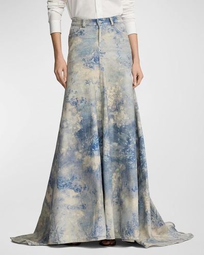 Ralph Lauren Collection Brynley Floral-Print Denim A-Line Maxi Skirt - Blue