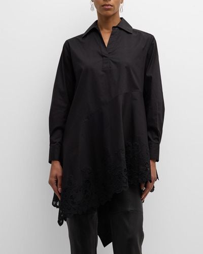 Natori Asymmetric Lace-Inset Cotton Poplin Shirt - Black