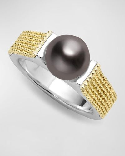 Lagos Sterling Silver 18k Luna Black Pearl Lux 8mm Caviar Statement Ring, Size 7 - Metallic