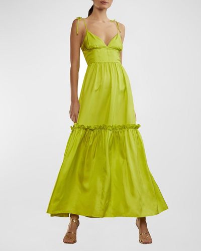 Cynthia Rowley Sleeveless Ruffle Silk Twill Empire Maxi Dress - Yellow