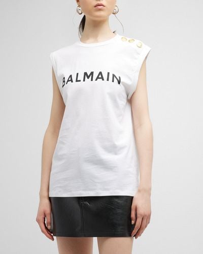 Balmain Logo Tank Top With Button Detail - White