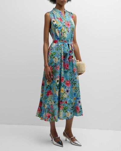 Tahari The Phoebe Pintuck Floral-Print Midi Dress - Blue