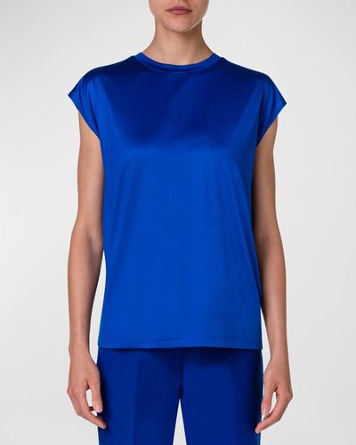 Akris Silk Jersey Cap-Sleeve T-Shirt - Blue
