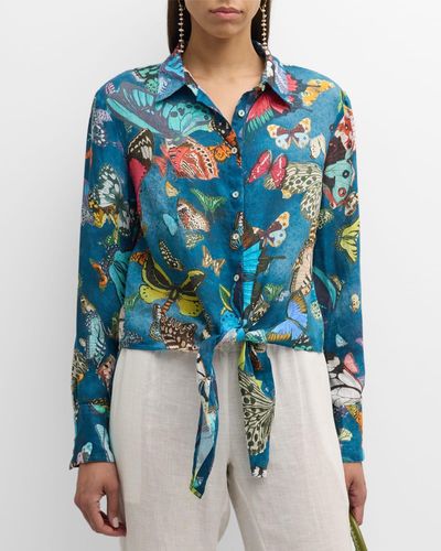 120% Lino Tie-front Butterfly-print Linen Shirt - Blue