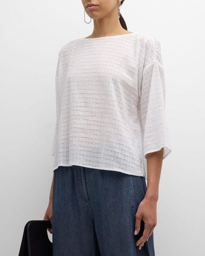 Eileen Fisher Bateau-Neck Grid Organic Cotton Voile Shirt - White