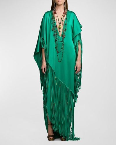 Ralph Lauren Collection Clarissa Silk Fringe Maxi Dress With Beaded Detail - Green