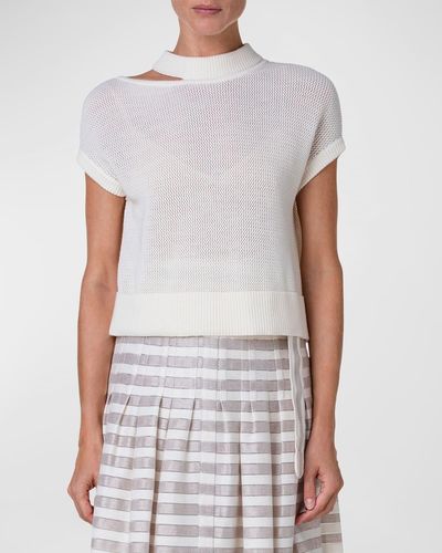 Akris Punto Slash-Cutout Cap-Sleeve Cool Wool Mesh Knit Sweater - White
