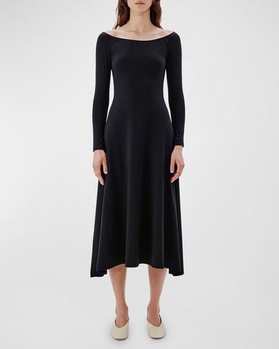 Another Tomorrow Off-The-Shoulder Long-Sleeve Leotard Midi Dress - Black