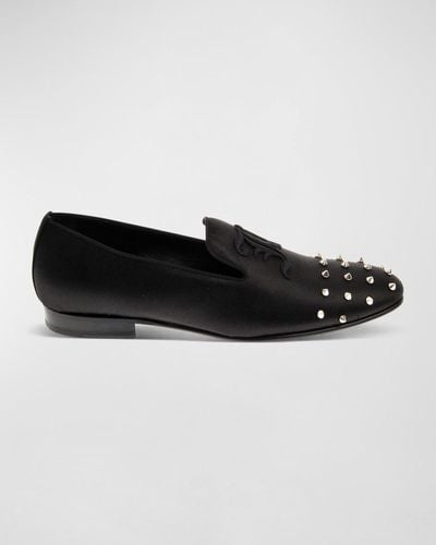 John Galliano Embroidered Monogram Studded Leather Loafers - Black