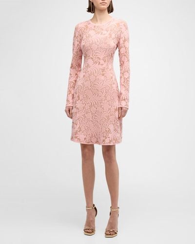 Lela Rose Floral Jacquard Long-Sleeve Fit-&-Flare Dress - Pink