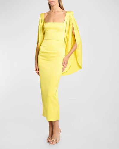 Alex Perry Cape-Sleeve Strong-Shoulder Satin Crepe Portrait Midi Dress - Yellow