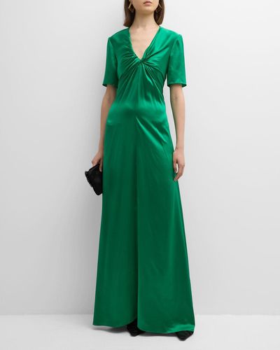 Rosetta Getty Twisted V-Neck Short-Sleeve Silk Gown - Green