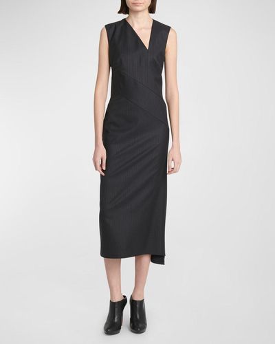 Alexander McQueen Pinstripe Sleeveless Asymmetric Midi Day Dress - Black