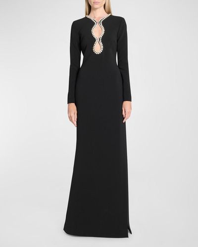 Elie Saab Crystal Long-Sleeve Thigh-Slit Cady Gown - Black