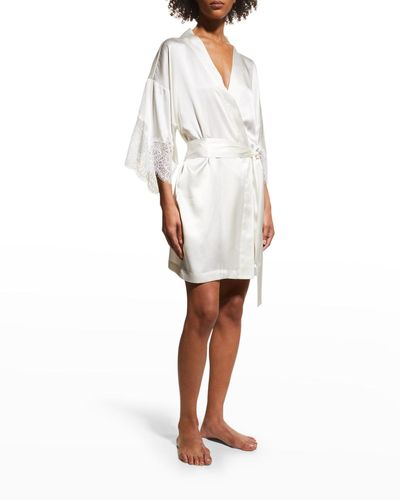 Neiman Marcus Short Lace-trim Silk Robe - White
