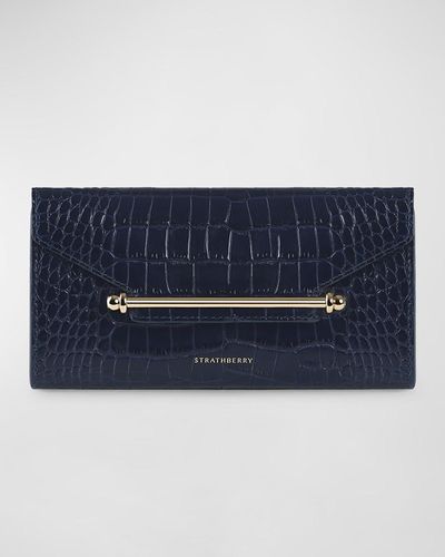 Strathberry Multrees Croc-embossed Wallet On Chain - Blue