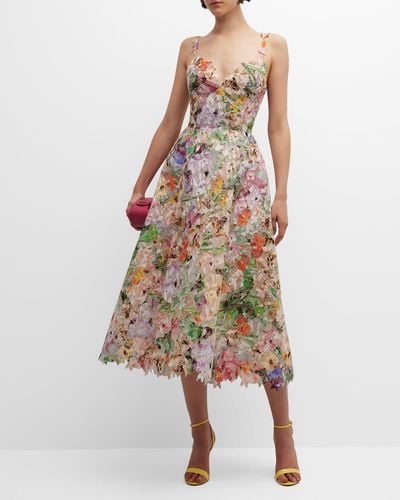 Monique Lhuillier Floral Lace Flared Midi Dress - Multicolor