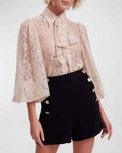 Anne Fontaine Helene Blouson-Sleeve Floral Lace Shirt - Pink