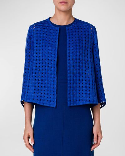 Akris Wool Grid Embroidered Short Jacket - Blue