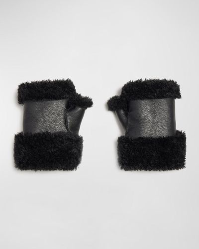Jocelyn Faux Shearling Metallic Fingerless Gloves - Black