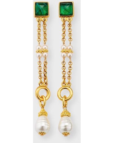Ben-Amun Emerald Glass And Pearly Drop Earrings - Metallic