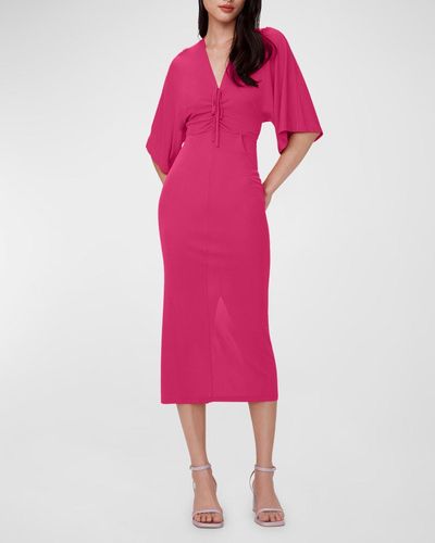 Diane von Furstenberg Valerie Ruched Elbow-Sleeve Bodycon Midi Dress - Pink