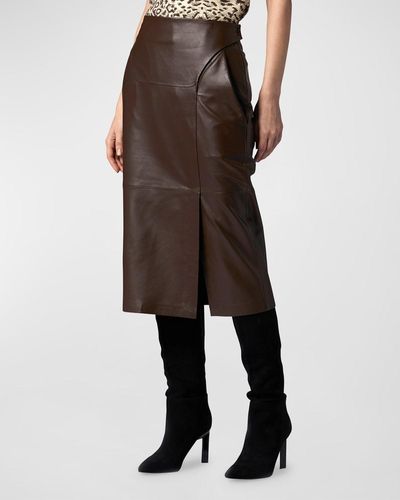Equipment Ashlyn Straight Side-Slit Leather Midi Skirt - Brown