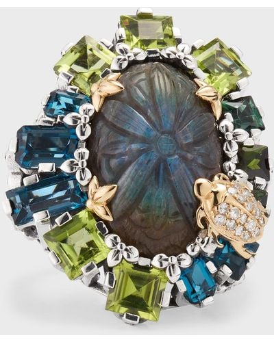 Stephen Dweck Carved Labradorite And Gemstone Statement Ring With Diamonds - Green