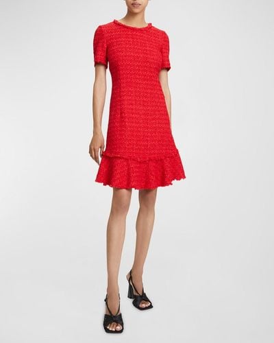Santorelli Manta Ruffle-Trim Shimmer Tweed Mini Dress - Red