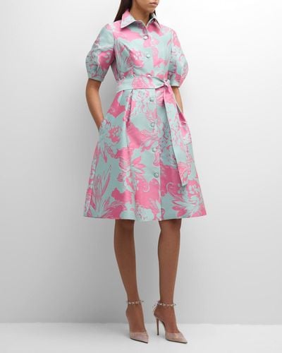 Teri Jon Pleated Floral Jacquard Midi Shirtdress - Pink