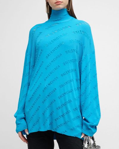 Balenciaga Logo Devore Turtleneck Rib Oversize Sweater - Blue