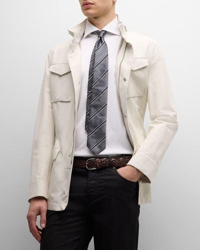 Brunello Cucinelli Linen-Silk Concealed Zip Safari Jacket - White