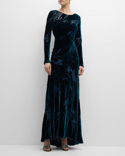 Alberta Ferretti Burnout Velvet Long-Sleeve Gown - Blue