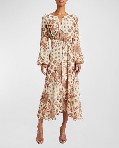 Santorelli Aubree Geo-Print Blouson-Sleeve Midi Dress - Natural