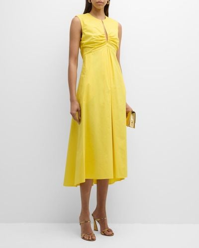 Mantu Sleeveless Pleated Cotton Midi Dress - Yellow