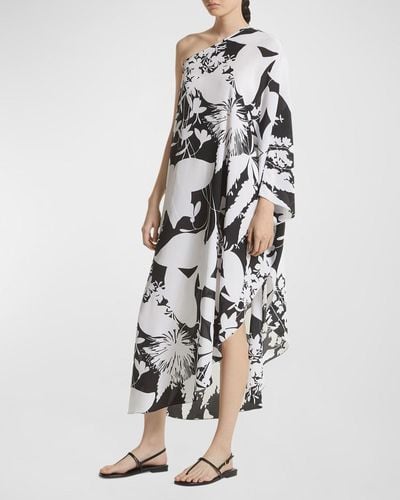 Michael Kors Shadow Floral-Print One-Shoulder Organic Crepe De Chine Asymmetric Caftan Dress - White