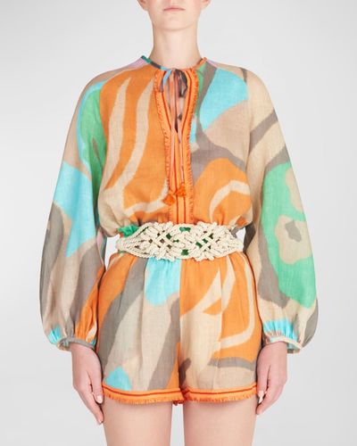 Silvia Tcherassi Molveno Abstract-print Long-sleeve Neck-tie Linen Blouse - Orange