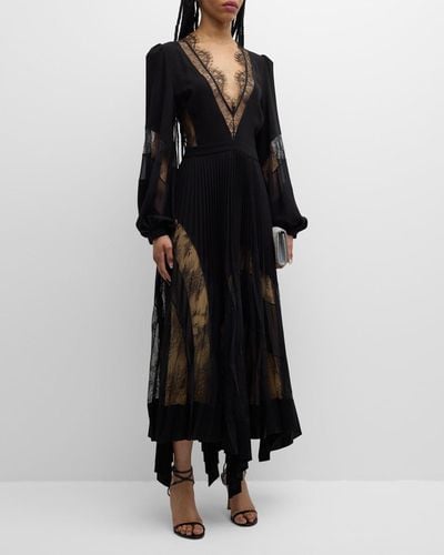 Zuhair Murad Plunging Long-Sleeve Plisse Crepe Chiffon Lace Asymmetrical Midi Dress - Black