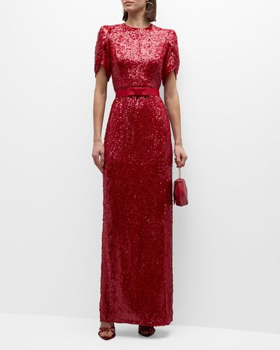 Erdem Short-Sleeve Bow-Belted Sequin Column Gown - Red