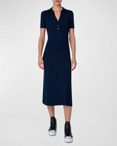 Akris Shirt-Sleeve Large Rib Midi Polo Dress - Blue
