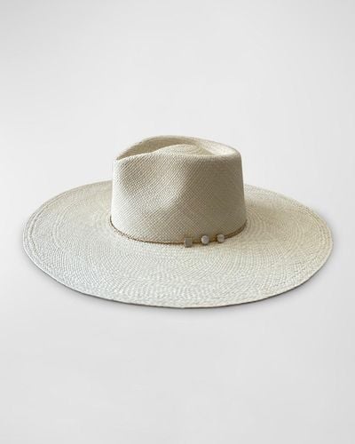 Van Palma Ella Straw Fedora With Mother Of Pearl Chain - Natural