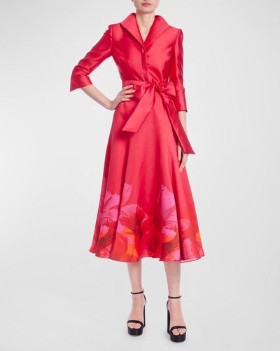 Badgley Mischka 3/4-Sleeve Belted Floral-Print Midi Shirtdress - Red