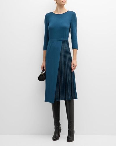 Misook Pleated Short-sleeve Knit Midi Dress - Blue