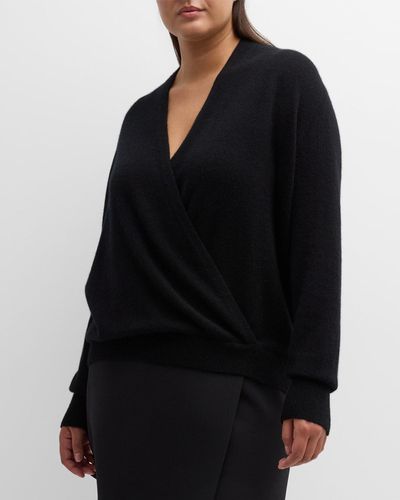 Neiman Marcus Plus Size Cashmere Faux Wrap Sweater - Black