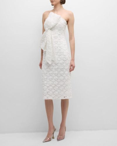 Jovani Strapless Bow-Front Applique Midi Dress - White