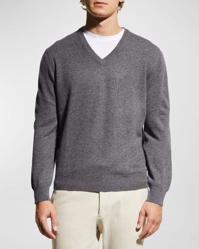 Neiman Marcus Wool-Cashmere Knit V-Neck Sweater - Gray