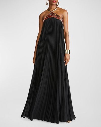 Halston Pythia Pleated Sequin-Embellished Trapeze Gown - Black