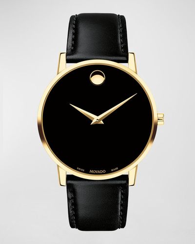 Movado 40Mm Ultra Slim Pvd Watch With Leather Strap Museum Dial - Black