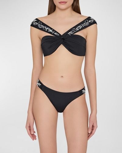 Milly Cabana Beaded Applique Bikini Top - Black