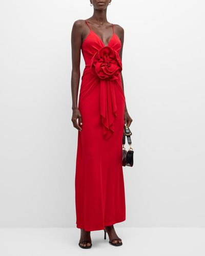 Balmain Rose Plunging Sleeveless Draped Maxi Dress - Red